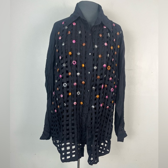 Vintage 90s XTC beaded net black long sleeve button down top size 2x - Picture 1 of 4
